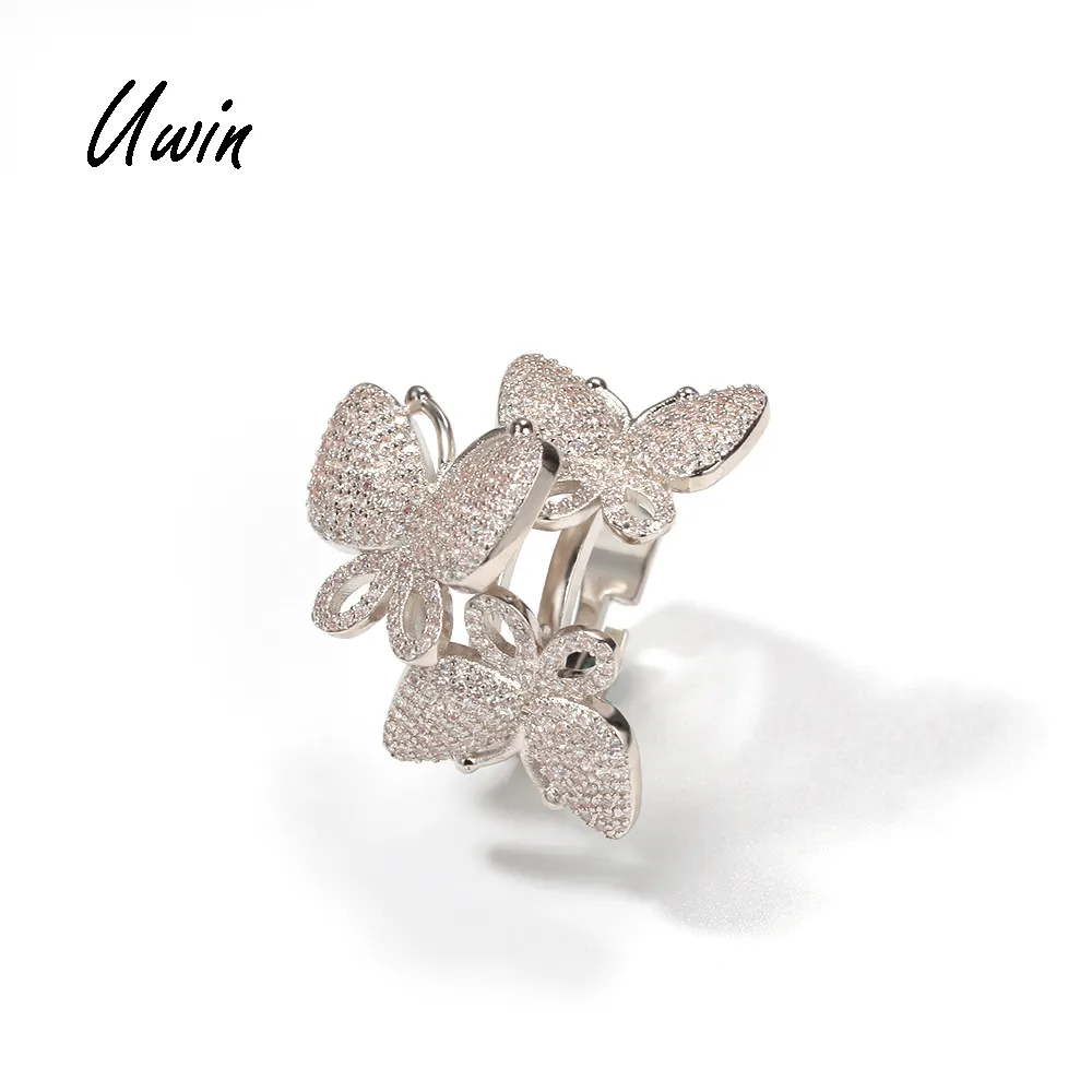 New Iced Out Butterfly CZ Ring Women Resizable Finger Rings for Ladies Rapper Jewelry