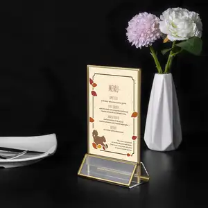 Suporte acrílico de moldura de ouro 4x6, suporte de mesa dupla face para exibição de menu, suporte de números de mesa de casamento