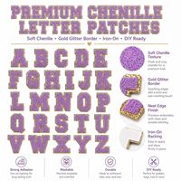 Parches bordados de chenilla con letras del alfabeto de la A a la Z, estilo universitario, color lavanda y dorado con purpurina, termoadhesivos y para coser, al por mayor