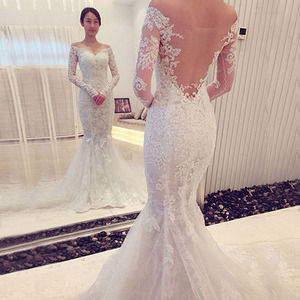 FA216 Vestidos de Novia Sirena para Mujer, Cuello en V, <span class=keywords><strong>Espalda</strong></span> <span class=keywords><strong>Descubierta</strong></span>, Sexy, Calidad China, <span class=keywords><strong>Manga</strong></span> <span class=keywords><strong>Larga</strong></span>, Vestidos de Novia de Encaje - Product Image 1