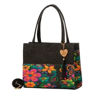 Sac fourre-tout en jute noir pour femme Fana Dahina, motif floral avec pompon et poche zippée pour le shopping - Product Image 1