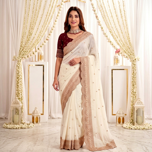 AARA Fashion Elegant Cream Silk <b>Saree</b> <b>Maroon</b> Blouse Traditional Wedding Wear Women India Pakistan Style Floor Length Regular Fit - Product Image 1