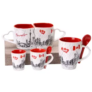 wholesale cheap 300ml 10oz london city souvenir inner color mugs set stoneware ceramic coffee mug with spoon