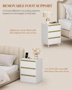 โต๊ะข้างเตียงสีขาวทันสมัยมีลิ้นชัก 3 ช่อง พอร์ตชาร์จหลายช่อง และขาที่ถอดออกได้ ซึ่งเป็นส่วนประกอบที่สมบูรณ์แบบสำหรับห้องนอน - Product Image 2