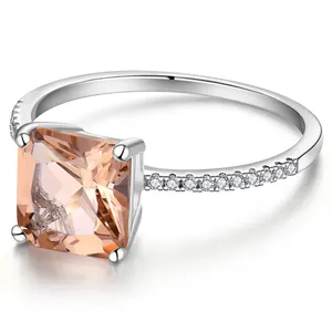 Anillo de compromiso YL Square Cut Morganite CZ para mujer, alianzas de boda de diamantes de Plata de Ley 925 personalizadas con piedras preciosas