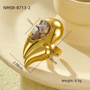 Anillos de Boda Finos para el Dedo Pequeño, de Acero Inoxidable con Piedra Natural, 14k 18k PVD, Anillo de Doble Capa con Forma de Gota de Agua en Oro para Mujer - Product Image 5