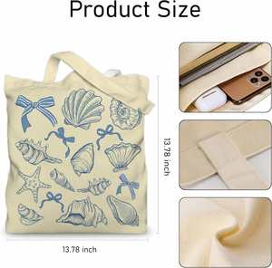 Sac fourre-tout esthétique en toile pour femme avec poche intérieure, sans fermeture, en tissu de coton non doublé, imprimé coquillages et étoiles de mer - Product Image 4
