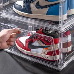 Kotak penyimpanan sepatu Sneaker plastik dapat dilipat, kotak penyimpanan sepatu Sneaker samping transparan dapat ditumpuk