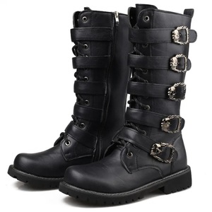 PUレザー メンズ バイクブーツ ミドル丈 ゴシック パンク ベルト付 通気性 ハイカット サイズ38-48 - Product Image 1