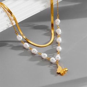 Collar de Acero Inoxidable con Diseño de Perlas Planas Doradas de Doble Capa para Mujer, Estilo Hip Hop, para Fiestas - Product Image 6