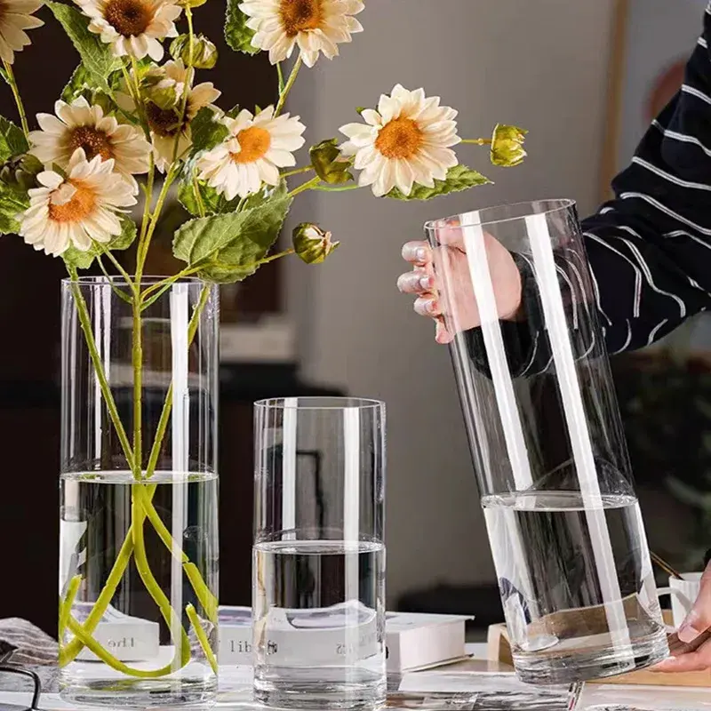 Toptan ucuz fiyat özelleştirilmiş Modern İskandinav tarzı kristal vazo ev dekorasyon temizle Tall düğün temizle silindir vazo