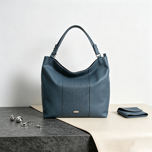 Blue Soft Leather Shoulder Bag Central Embossed Panel Adjustable Strap <b>Large</b> <b>Handbag</b> - Product Image 2