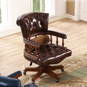 Poltrona Girevole in Vera Pelle Stile Americano-Europeo con Base in Legno e Ruote per Casa e <span class=keywords><strong>Ufficio</strong></span> - Product Image 4