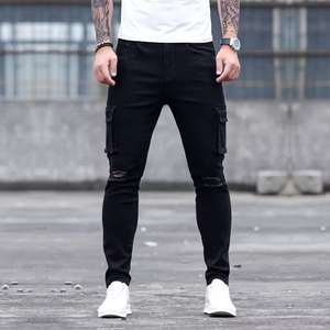 بنطلون جينز رجالي بتصميم Y2K عصري ممزق عند الركبة مع شرائط وتطريزات مخصصة، مغسول ومرن، بقصة ضيقة، مستوحى من أزياء الشارع والجرينج والهيب هوب. - Product Image 2