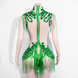 Combinaison pour femme adulte en maille à franges de strass, motif Forêt Enchantée, style Empress Emerald, pour spectacle de scène, carnaval, diva, drag queen - Product Image 4