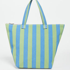 Grand sac personnalisable en toile rayée avec fermeture éclair DIY logo réutilisable sacs à main de voyage pour femmes sacs à main Weekender coton fourre-tout été automne - Product Image 2