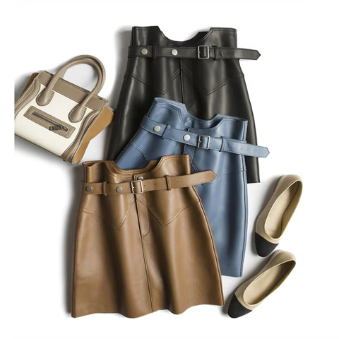 2399 Ins Hot Style High Waist Short Skirt Multi-color Genuine Leather Skirt Sheepskin Mini Wrap Skirt