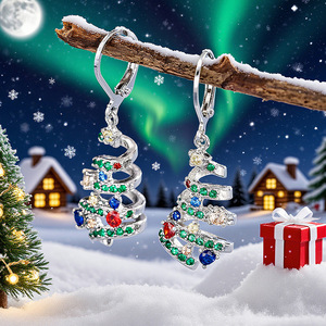 Orecchini Pendenti a Spirale con Albero di Natale e Zirconi Colorati per Donne, Gioielli Festivi per le Vacanze - Product Image 2