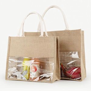 Custom Shopping <b>Gift</b> Bridesmaids Birthday Wine Decorated Recycled Transparent Tote Jute <b>Bag</b> With Window - Product Image 1