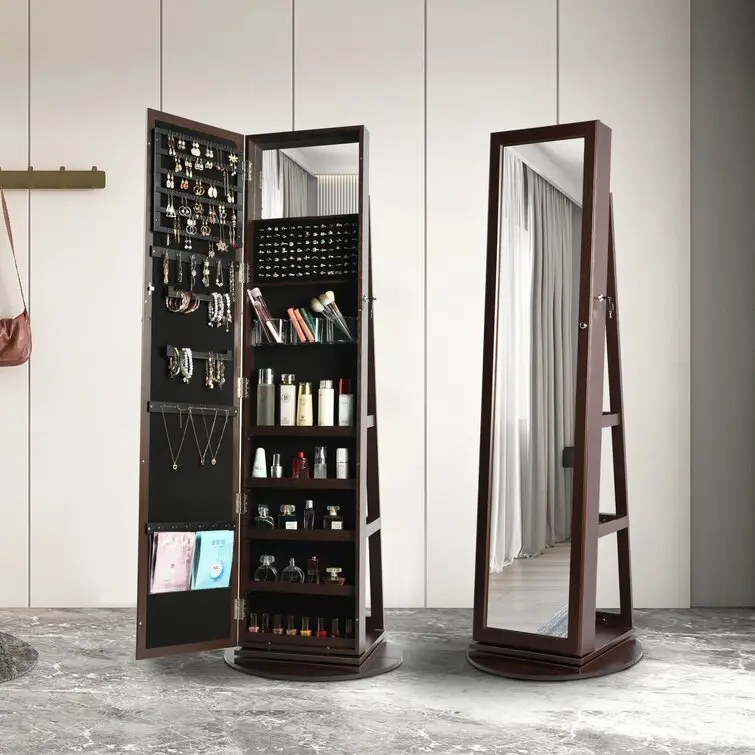 Custom Storage Wood Full Length Dressing Mirror Standing 360 Degree Rotating Jewelry Cabinet