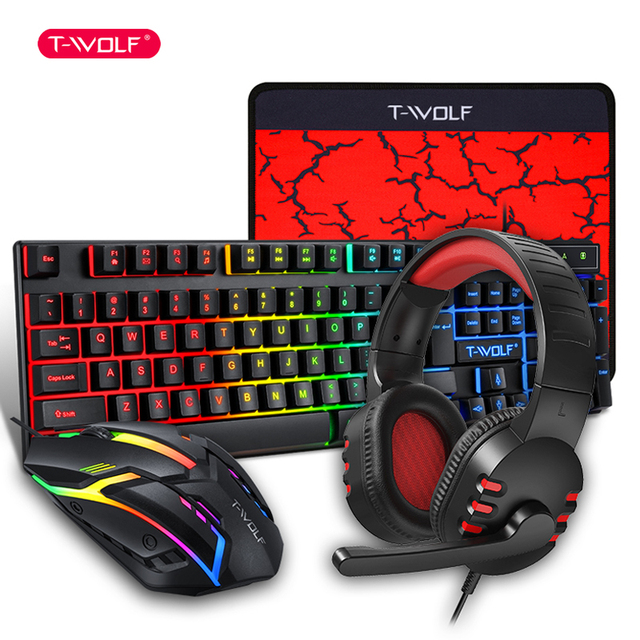 T-WOLF TF800 4-in-1 Gaming Combo Keyboard Mouse Headphone and Mousepad Set RGB Backlit Gaming Accessories for PC Gamer