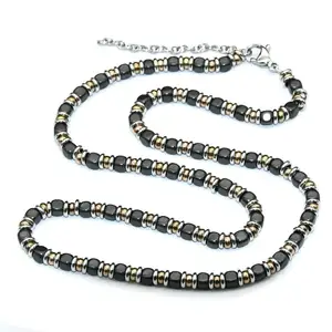 Exaggerated 5mm Black Hematite Stone Cubic Beads Rose Gold Plating Roundel Spacer Beaded Necklace For Men's Jewelry