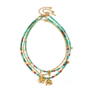Collier unisexe de plage style bohème, multicolore, perles d'agate verte, pendentif éléphant et fleur, chaîne plaquée or 18 carats, géométrique - Product Image 4