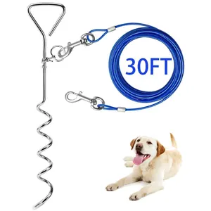 30ft 16ft 10ft Pets Dogs Tie Out Stainless Steel Cable Heavy Duty Leash With Anti Rust Spiral Stake