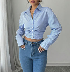 All'ingrosso nuovi abiti da donna alla moda Casual top a righe stili corti <span class=keywords><strong>con</strong></span> polsini a fessura camicie a <span class=keywords><strong>maniche</strong></span> lunghe da donna - Product Image 1