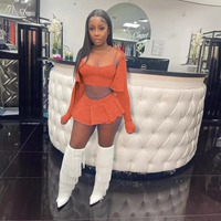 2024 printemps tenues pour femmes Sexy 3 pièces ensemble à manches longues lavé chemises licou Mini jupes décontracté débardeur tricot solide