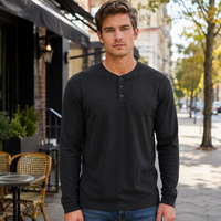 Chemise Henley en tricot gaufré pour homme, manches longues, 3 boutons, noir uni, coupe classique, automne-hiver, streetwear, vente en gros