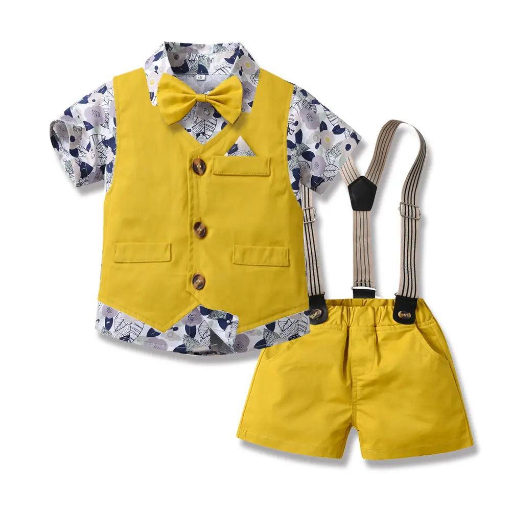 2023 Boys Summer Clothes Set children Floral Short Sleeve T-shirt Vest Suspender Shorts 2pcs Outfit