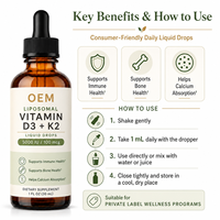 Gouttes liquides de Vitamine D3 et K2 MK7 liposomales pour une absorption élevée, complément bien-être pour la santé osseuse, vente en gros OEM en vrac