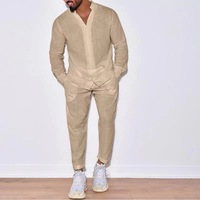 Vêtements d'automne pour hommes, ensemble deux pièces, pantalon et chemise en lin décontractés, ensemble 2 pièces