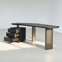 Bureau d'angle moderne F921 en bois massif multi-couches avec plateau en placage d'orme et dessus en cuir de selle, pieds en acier inoxydable, pour la maison ou le bureau
