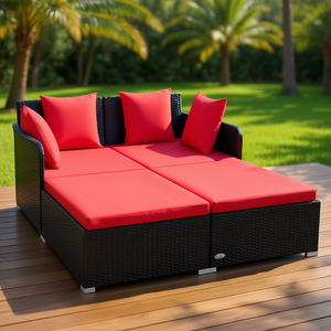 Outdoor <b>Rattan</b> <b>Daybed</b> Red Upholstered Cushion Sun Lounger Contemporary Design Modern Patio Seating - Product Image 2