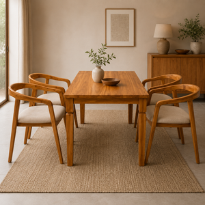 Japandi Teak Wood <b>Dining</b> Table Set with Upholstered <b>Armchairs</b> Premium Indoor Furniture for Villa Cafe and Apartment - Product Image 1