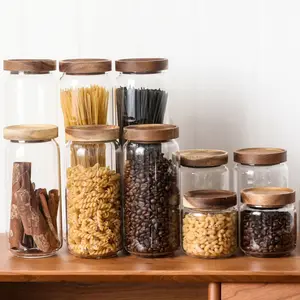 Barattolo ermetico ad alto contenuto di borosilicato per la conservazione di alimenti e spezie per uso domestico Multi-specifica con coperchio in legno