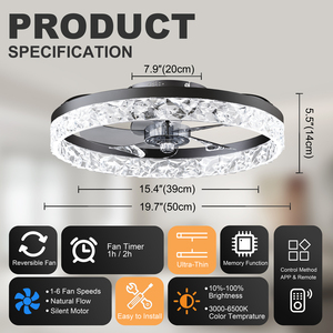 19.7'' Flush Mount Crystal <b>Ceiling</b> <b>Fan</b> Light 6 Speed Reversible Quiet DC Motor 3CCT Adjustable for Living Room Bedroom - Product Image 6