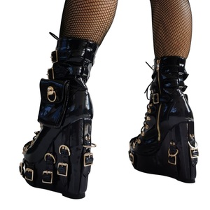 Big Size 47 Women's Metal Buckles Side Zipper Ankle Boots Wide Fit High Wedge <b>Heels</b> Shoes Metallic Patent Lace up Short Booties - Product Image 2