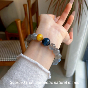 Bracciale con perle a sfera in quarzo naturale e <span class=keywords><strong>occhio</strong></span> <span class=keywords><strong>di</strong></span> <span class=keywords><strong>tigre</strong></span> blu-oro - Gioiello elegante unisex per protezione e ricchezza, regalo per lui e per lei FJYA - Product Image 2