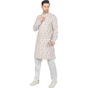 Beige Printed <b>Men's</b> Long <b>Kurta</b> Cotton Digital Printing Wrinkle Free Diwali Festival Wear - Product Image 3
