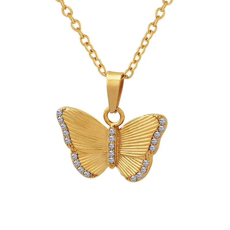 Butterfly New Fashion 18K Gold Plated Stainless Steel Butterfly CZ Cute Pendant Choker Necklace For Women Girl Gift P1215