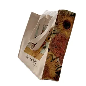 क्लासिक सूरजमुखी तेल चित्रकला कपास कैनवास बैग पॉप शैली जिपर एक कंधे शॉपिंग हैंडबैग ढोना बैग