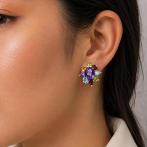 925 <b>Sterling</b> <b>Silver</b> Rhodium Plated Multi Gemstone Designer <b>Stud</b> <b>Earrings</b> - Product Image 1