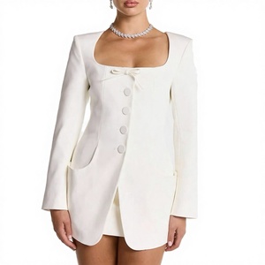 AELESEEN Vente en gros usine Manteau d'automne pour femmes de bureau, col carré, simple boutonnage, nœud, nouvelle mode, coupe ajustée, élégant, 100% - Product Image 3