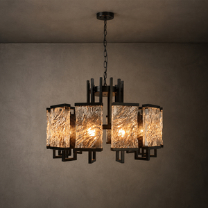 Sleek <b>Black</b> Metal <b>Frame</b> Chandelier With Textured Glass Shades For Modern Decor - Product Image 1