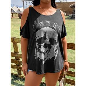Camiseta de Manga Corta con Estampado de Calavera para Mujer, Talla Grande, Hombros Descubiertos, Transpirable, Informal, para Verano - Product Image 3