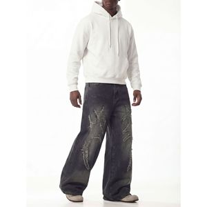 Jean en denim noir et gris pour homme, coupe ample, jambe large, taille mi-haute, en coton, style jambe droite - Product Image 5