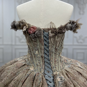 Robe de bal de fin d'année à épaules dénudées en or avec fleurs pour femmes Jancember 7334-1 - Product Image 6